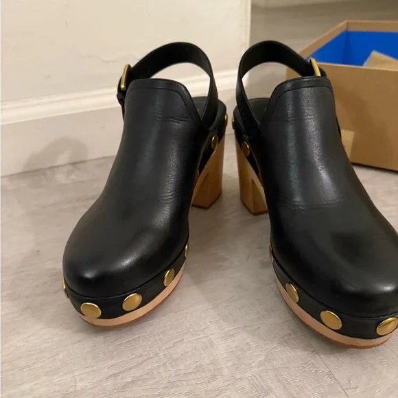 Charlotte Stone Black Leather High Heel Clogs - Picture 5 of 8